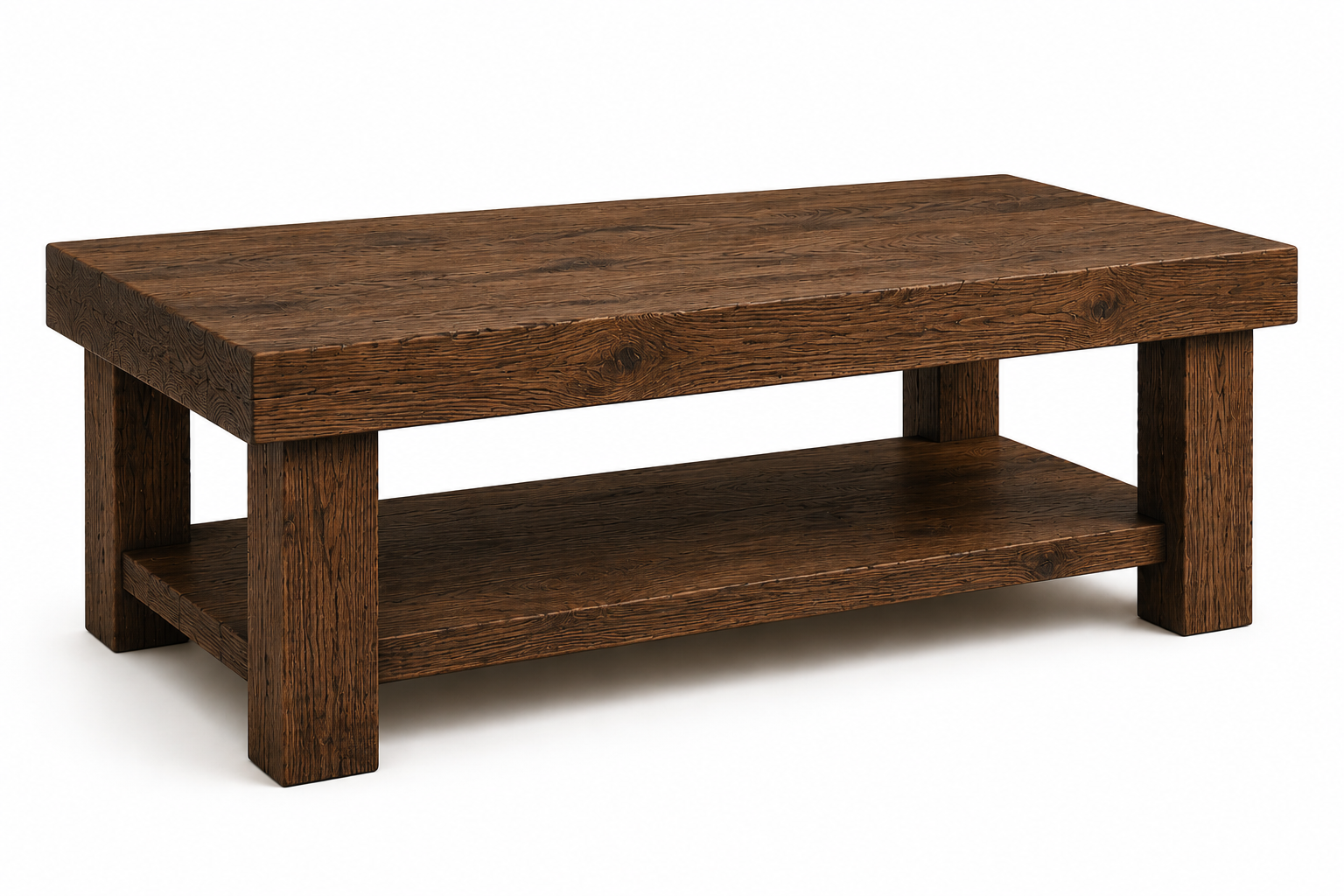 Handcrafted Solid Oak Coffee Table with Storage Shelf | Rustic Chunky Wooden Coffee Table