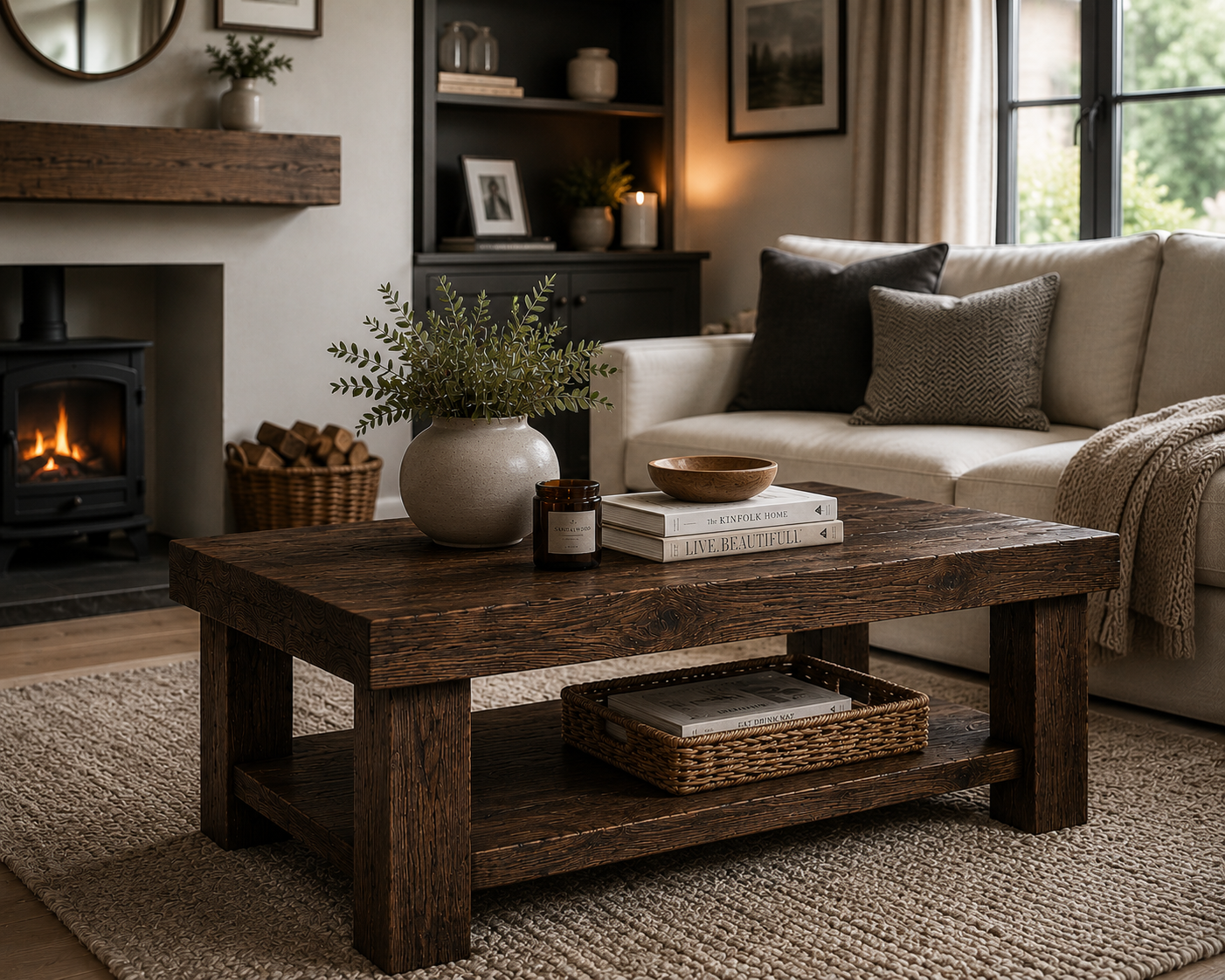 Handcrafted Solid Oak Coffee Table with Storage Shelf | Rustic Chunky Wooden Coffee Table