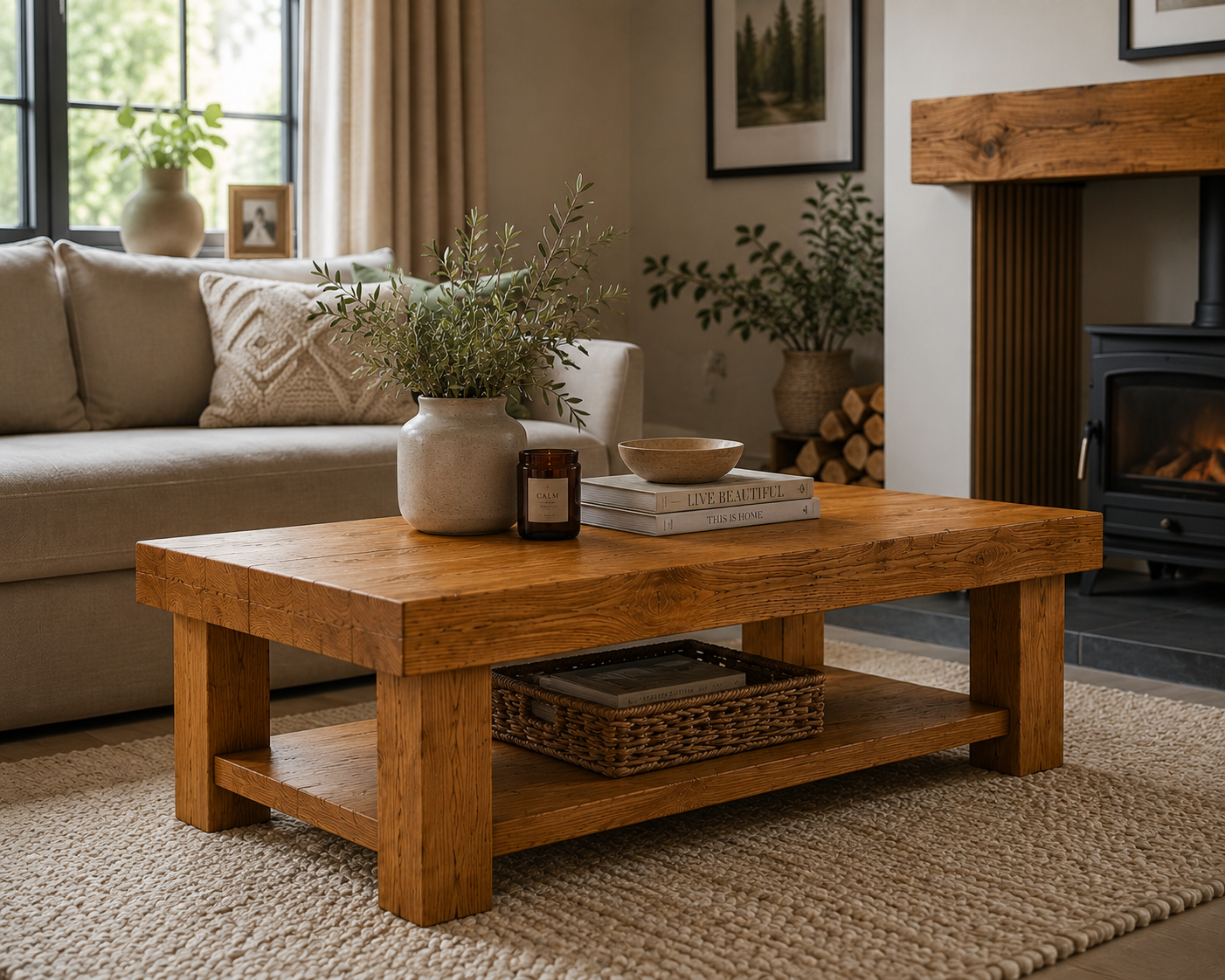 Handcrafted Solid Oak Coffee Table with Storage Shelf | Rustic Chunky Wooden Coffee Table