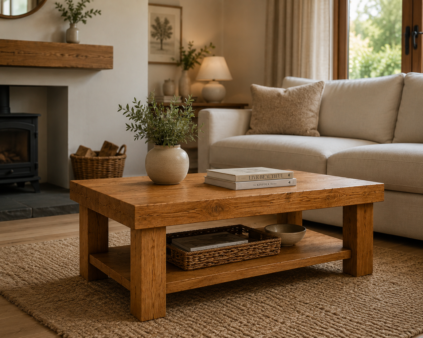Handcrafted Solid Oak Coffee Table with Storage Shelf | Rustic Chunky Wooden Coffee Table