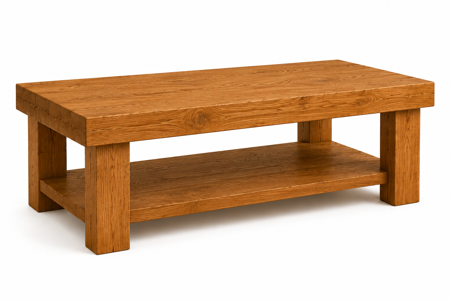 Handcrafted Solid Oak Coffee Table with Storage Shelf | Rustic Chunky Wooden Coffee Table