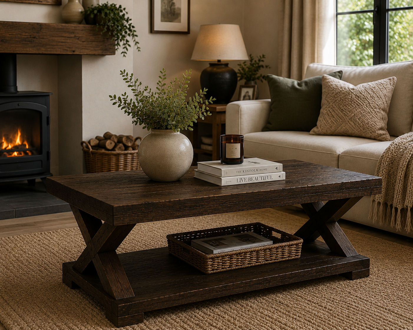 Handcrafted Solid Timber X Frame Coffee Table with Storage Shelf | Rustic Wooden Coffee Table