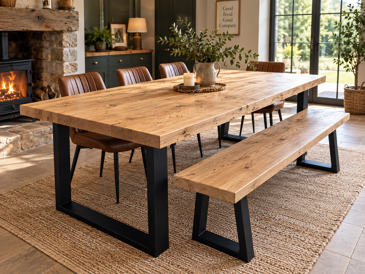 Handcrafted Solid Oak Dining Table with Matte Trapezoid Legs - Handmade  - Benches Sold Separately (Copy)