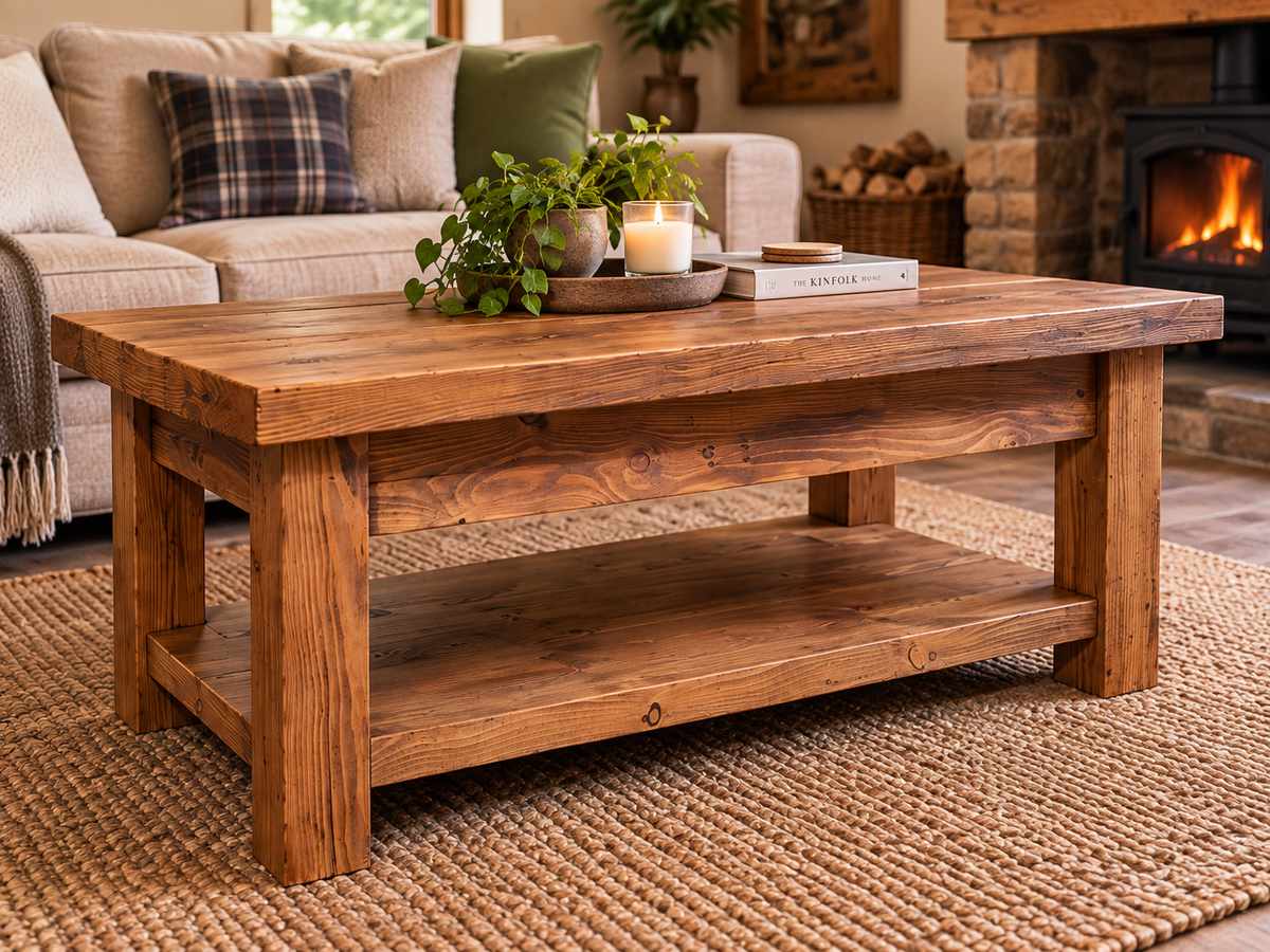 Handcrafted Solid Wood Coffee Table with Storage Shelf | Rustic Chunky Wooden Coffee Table