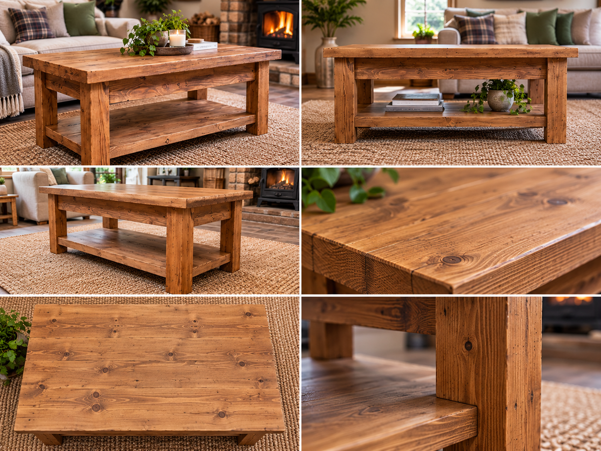 Handcrafted Solid Wood Coffee Table with Storage Shelf | Rustic Chunky Wooden Coffee Table