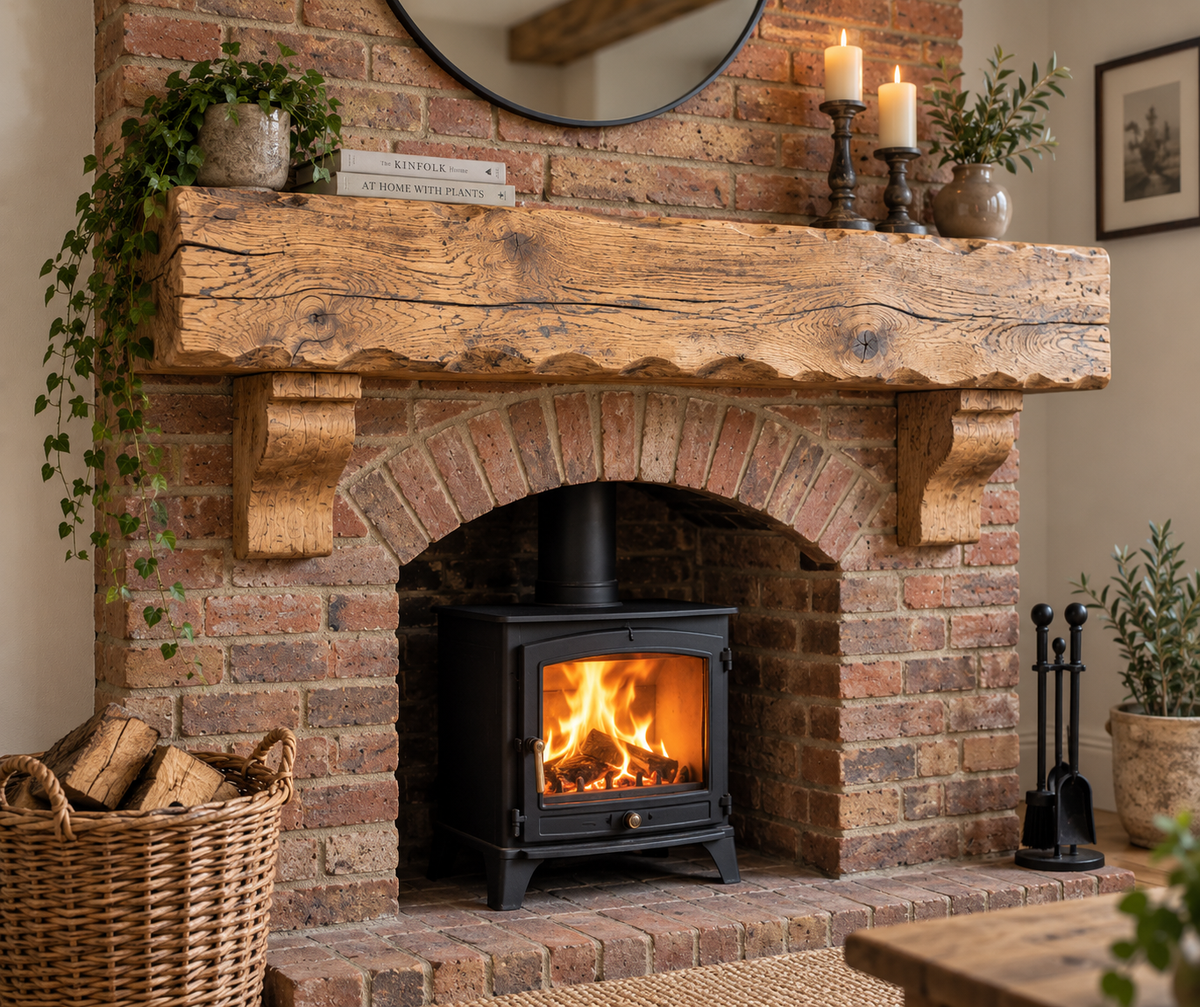 Oak Mantel Beam 8 x  8 (20cm(H) x 20cm(D) - Heavily Worked- Solid Oak Fireplace Beam - Fixings included (Copy)