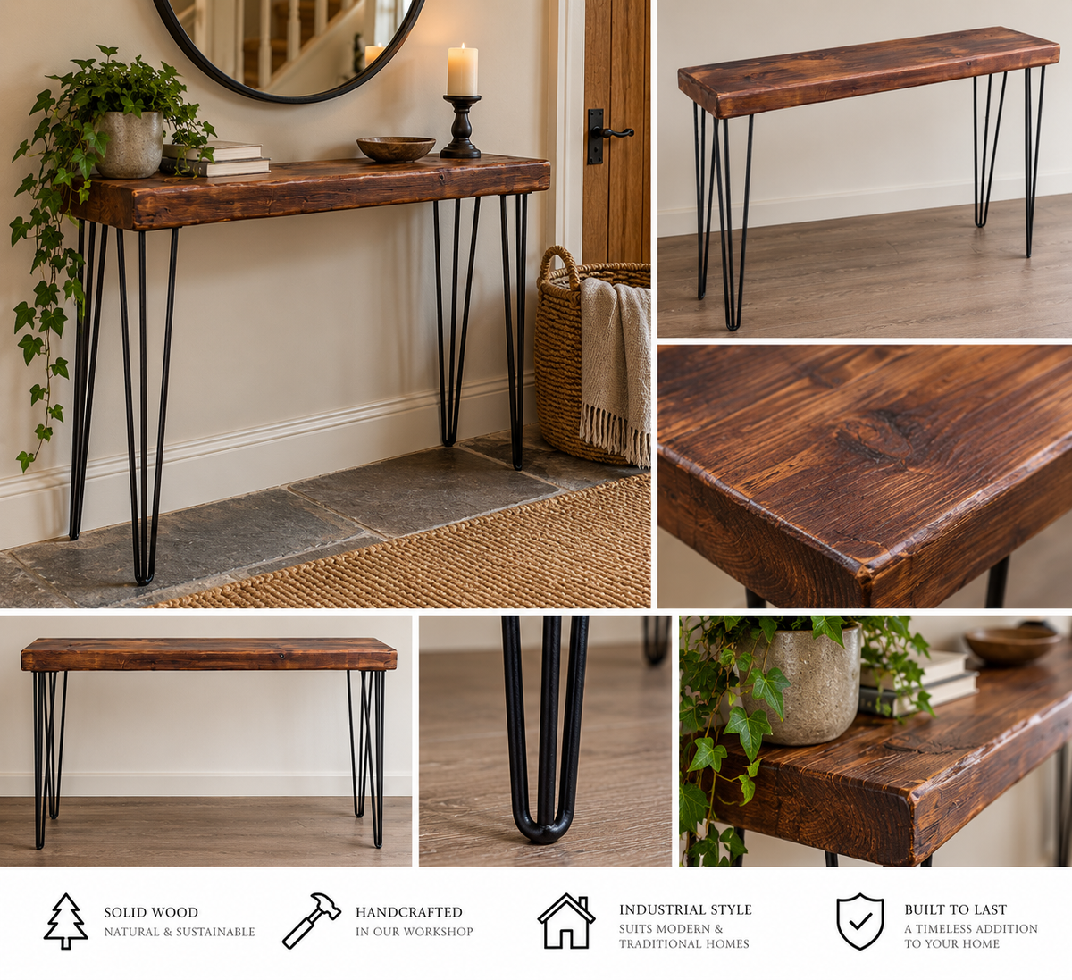 Rustic Solid wood Colsole Table with Hairpin Legs