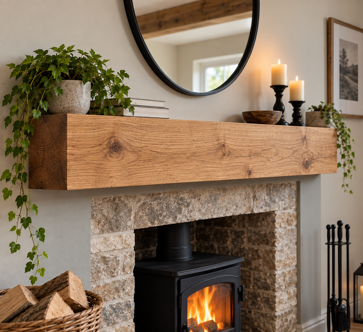 Oak Mantel Beam 6 x 4 (15cm(H) x 10cm(D) - Straight Edge - Solid Oak Fireplace Beam - Fixings included