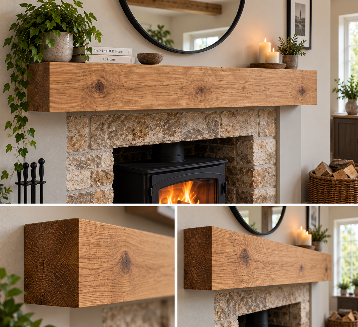 Oak Mantel Beam 6 x 4 (15cm(H) x 10cm(D) - Straight Edge - Solid Oak Fireplace Beam - Fixings included