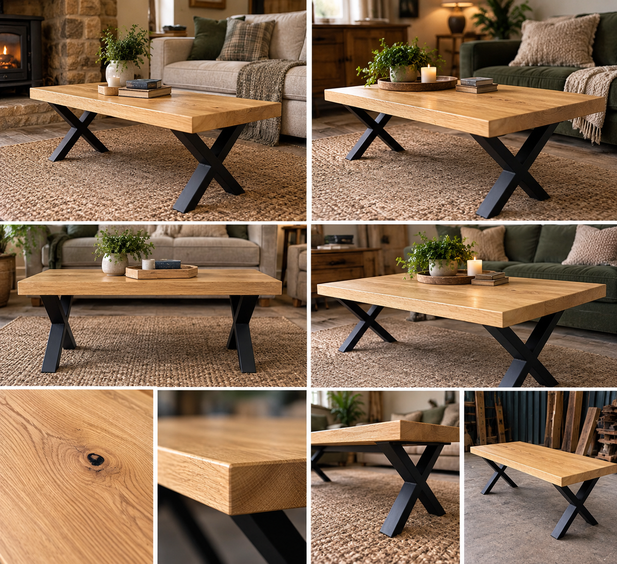 Solid Oak Metal X Leg Coffee Table