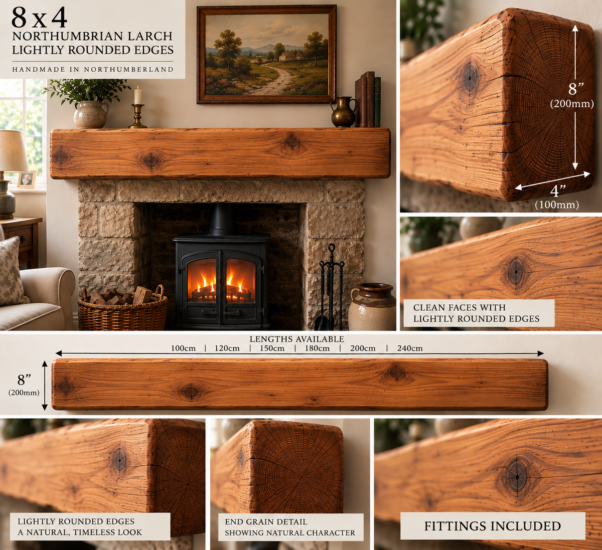 Northumbrian larch 8 x 4 mantel beam