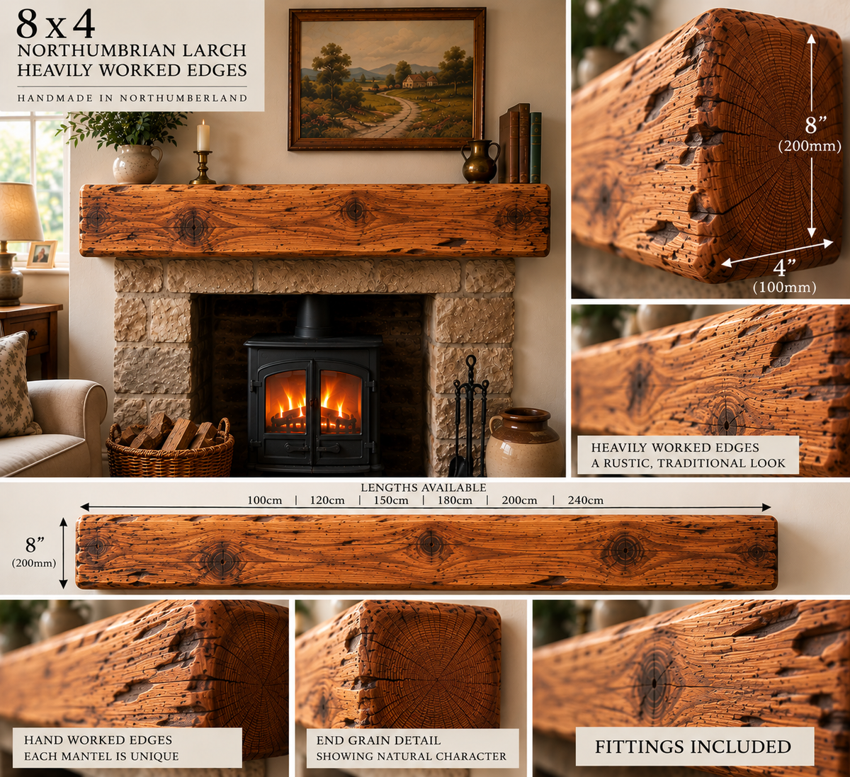 Northumbrian larch 8 x 4 mantel beam Heavily Worked