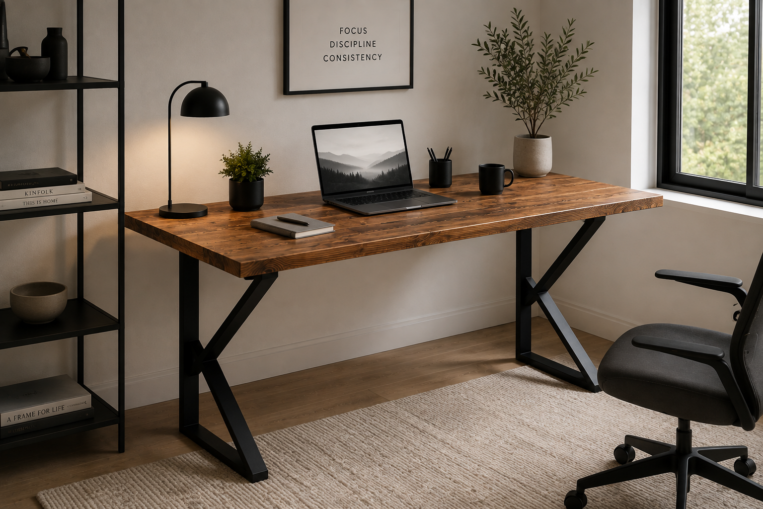 Handcrafted Solid Wooden Desk With Metal Legs