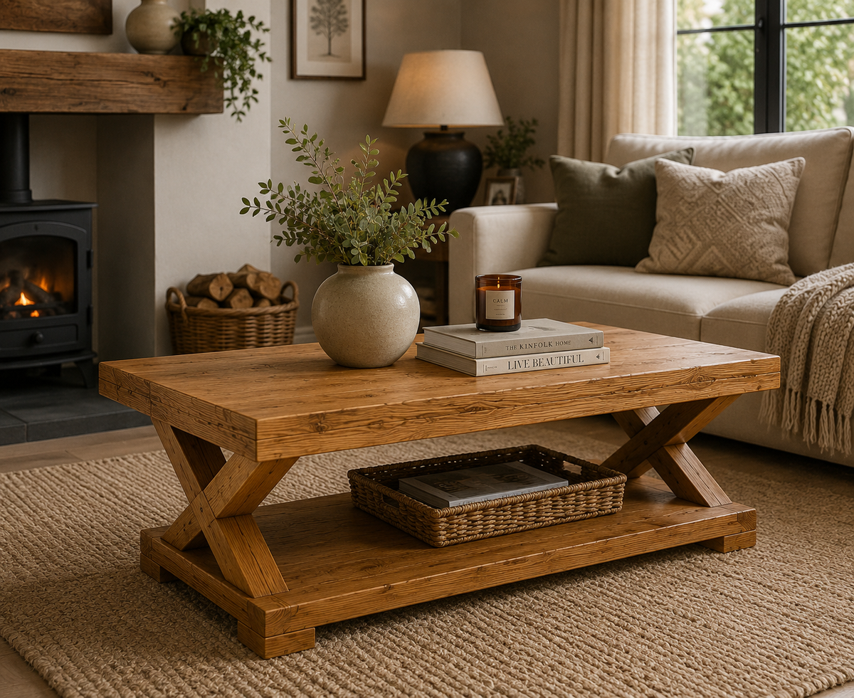 Solid Wood X Frame Coffee Table with Storage Shelf | Rustic Wooden Coffee Table