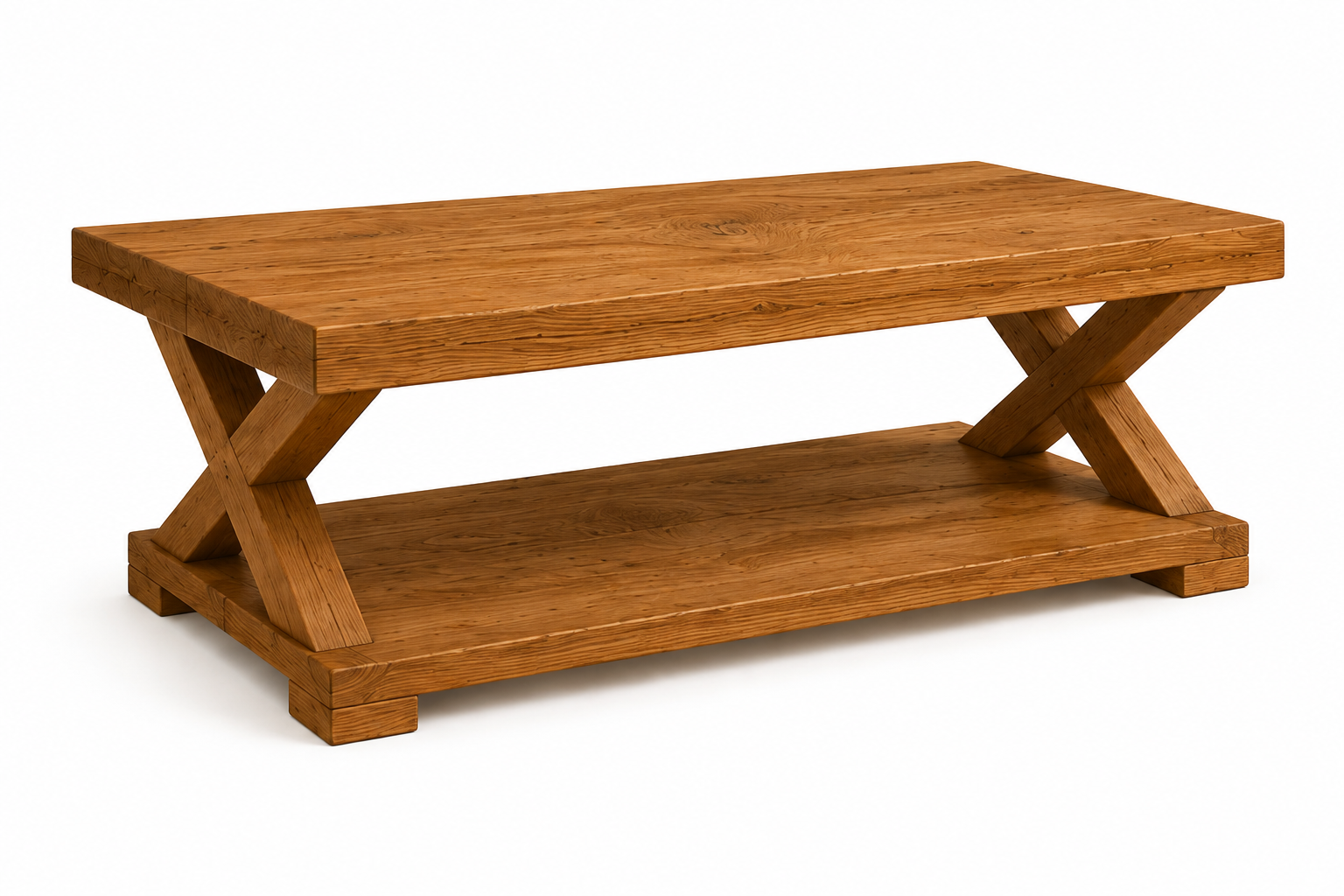 Handcrafted Solid Timber X Frame Coffee Table with Storage Shelf | Rustic Wooden Coffee Table