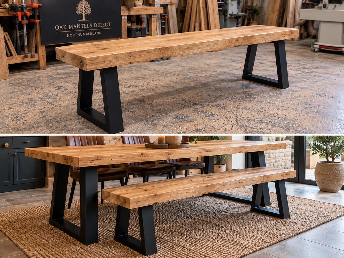 Solid Oak Dining Table Bench Trapezium Legs