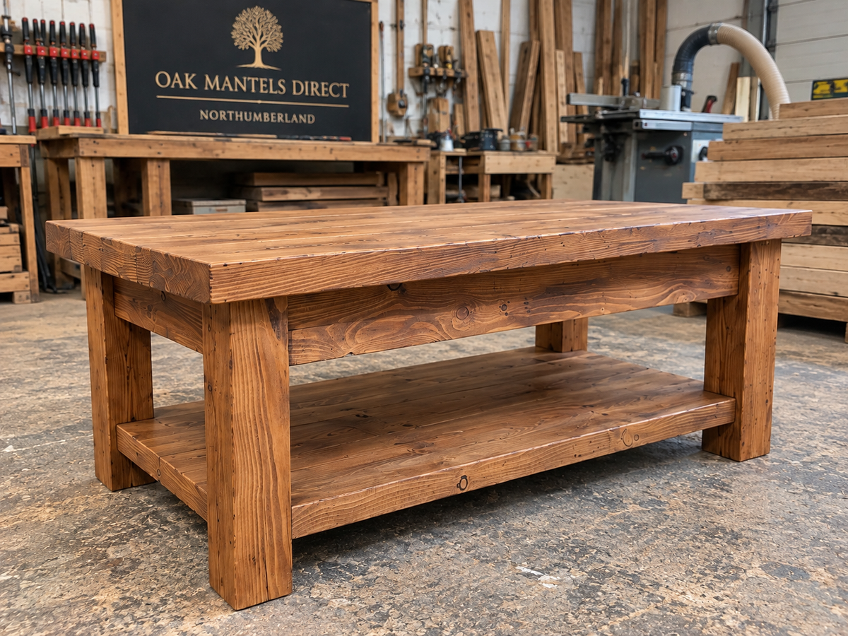 Handcrafted Solid Wood Coffee Table with Storage Shelf | Rustic Chunky Wooden Coffee Table