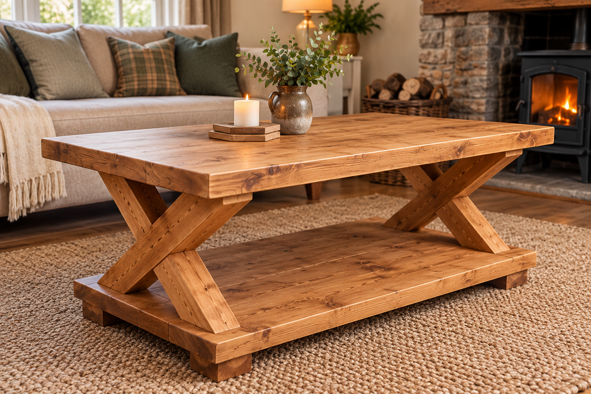 Solid Wood X Frame Coffee Table with Storage Shelf | Rustic Wooden Coffee Table