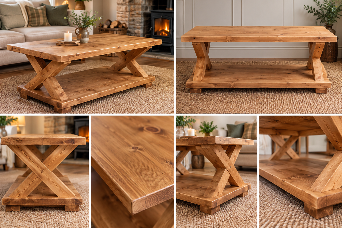 Solid Wood X Frame Coffee Table with Storage Shelf | Rustic Wooden Coffee Table