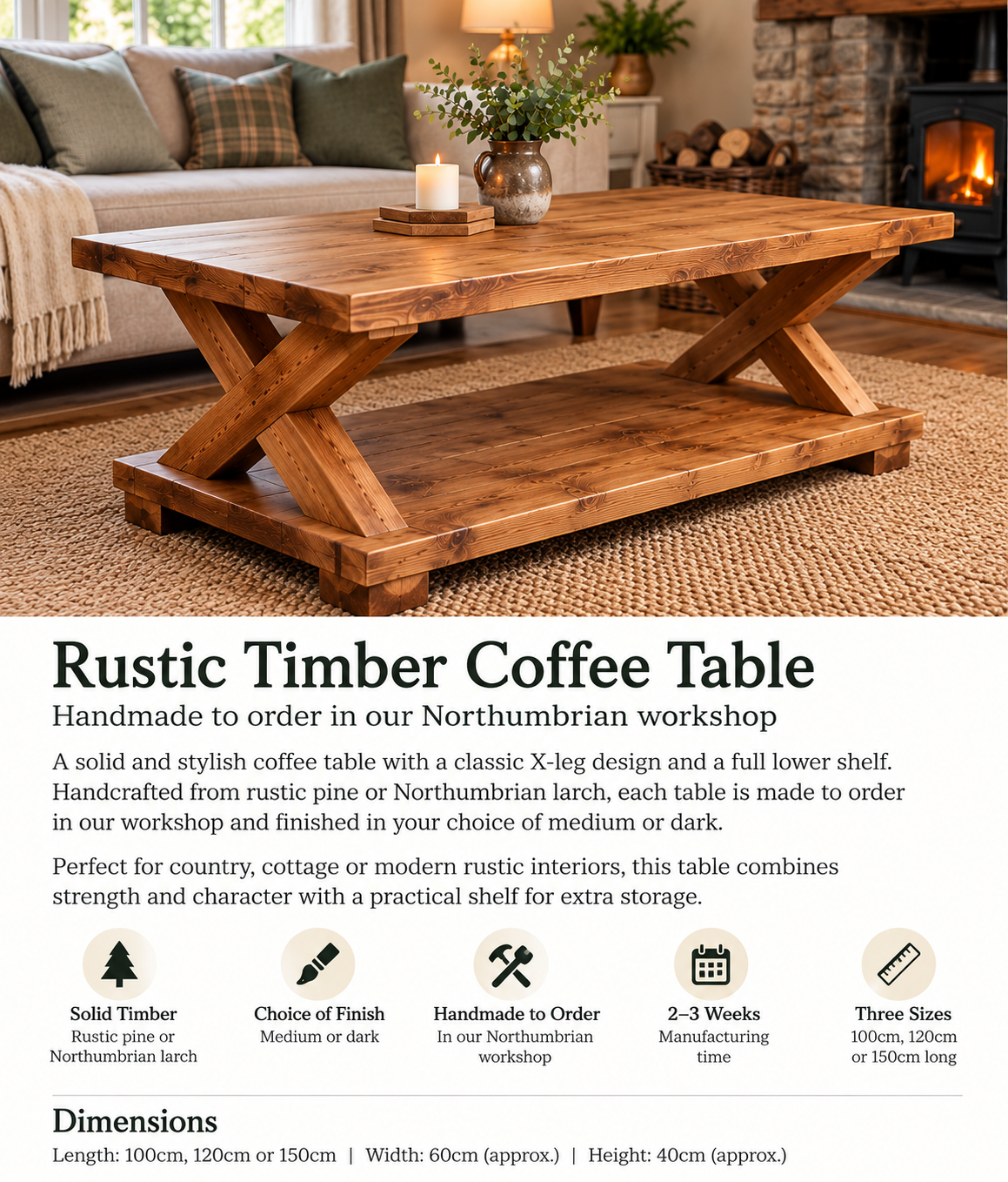 Solid Wood X Frame Coffee Table with Storage Shelf | Rustic Wooden Coffee Table