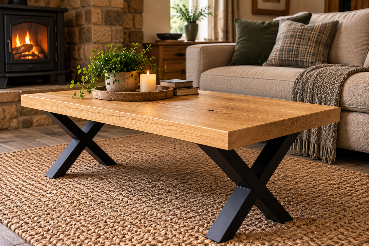 Solid Oak Metal X Leg Coffee Table