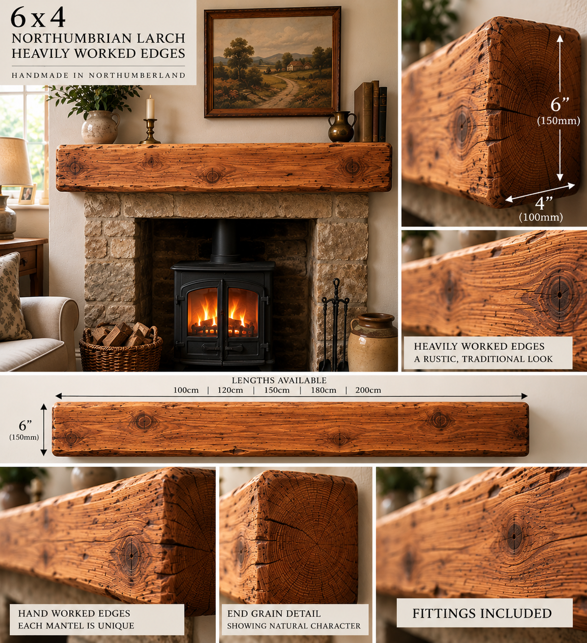 Northumbrian larch 6 x 4 mantel beam Heavily Worked