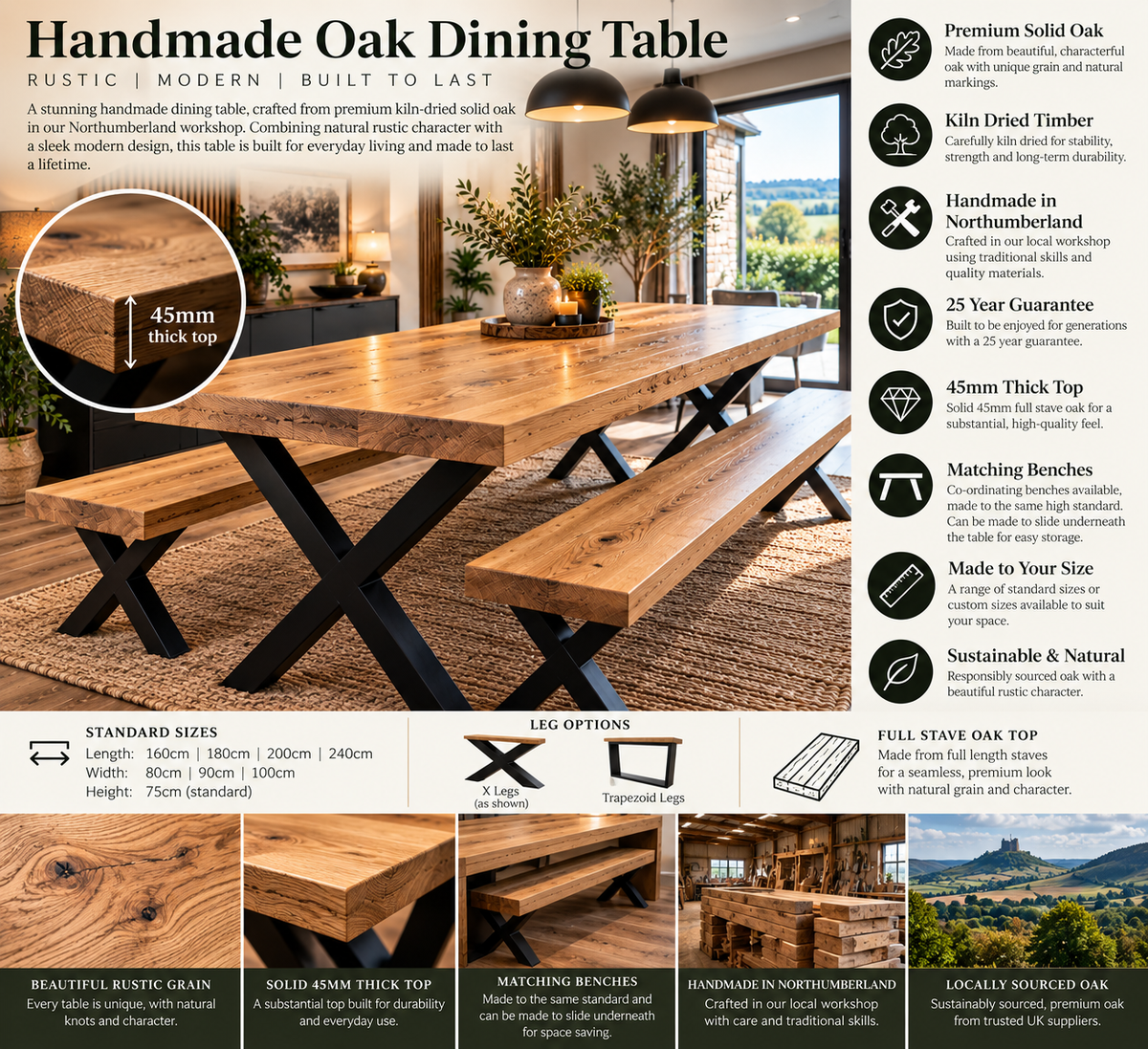 Handcrafted Solid Oak Dining Table with Matte X Legs - Handmade  - Benches Sold Separately