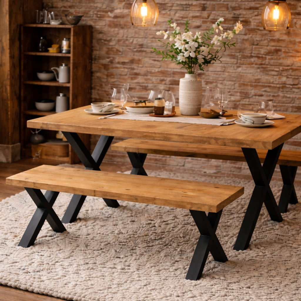 Handcrafted Solid wood Dining Table with Matte X Legs - Handmade in 2 to 3 weeks - Benches Sold Separately