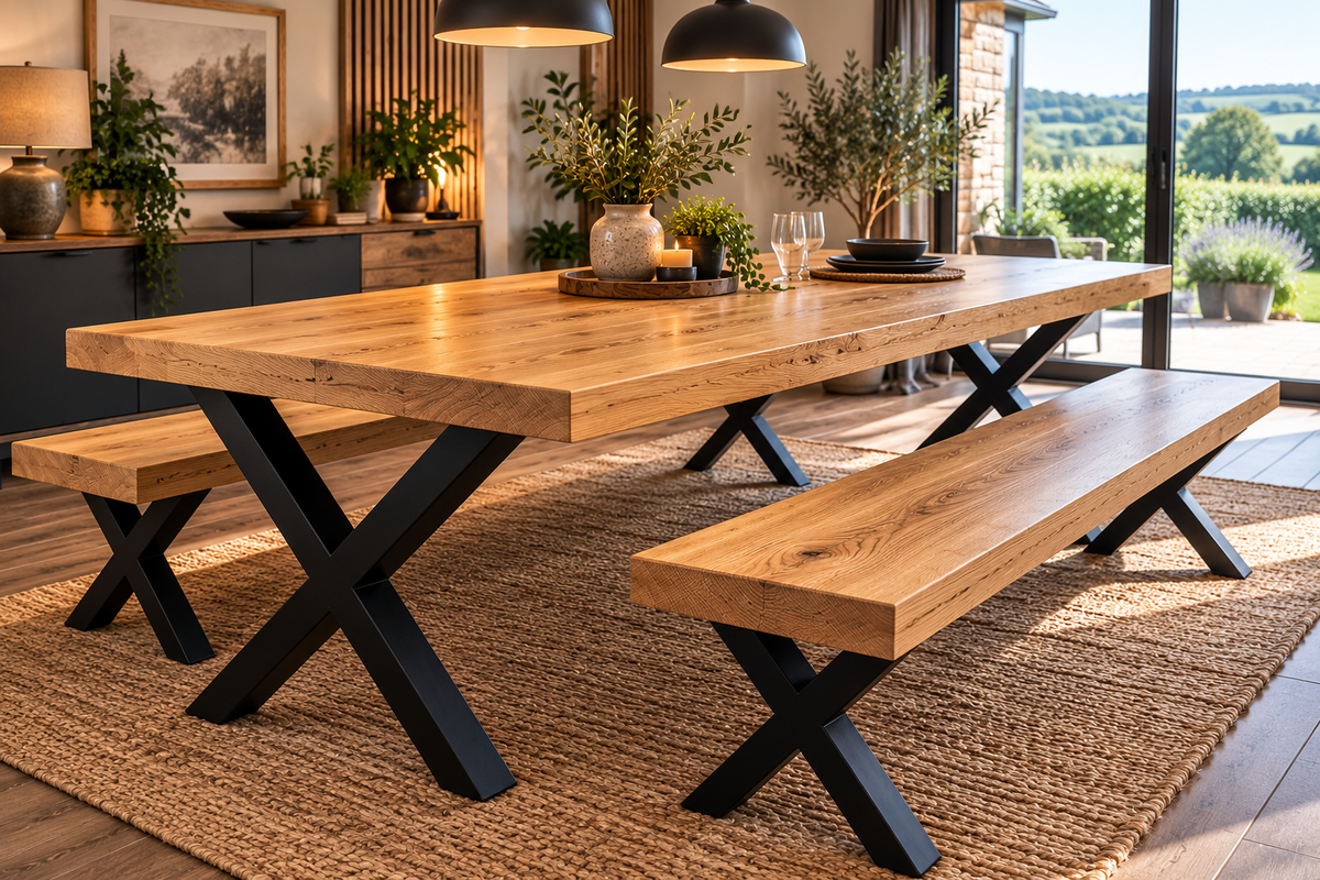 Handcrafted Solid Oak Dining Table with Matte X Legs - Handmade  - Benches Sold Separately
