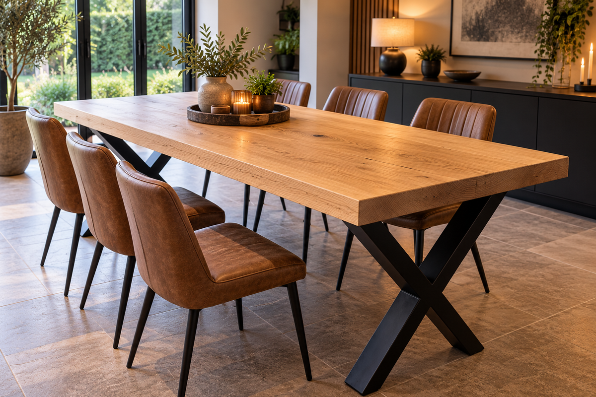 Handcrafted Solid Oak Dining Table with Matte X Legs - Handmade  - Benches Sold Separately