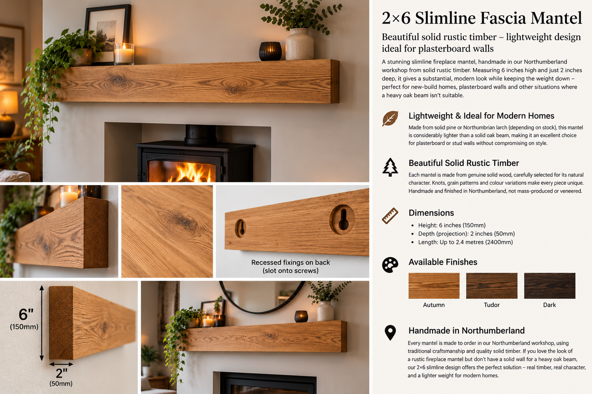 Light Weight 2x6 Rustic TImber Mantel for Plasterboard Walls (Fixings included)