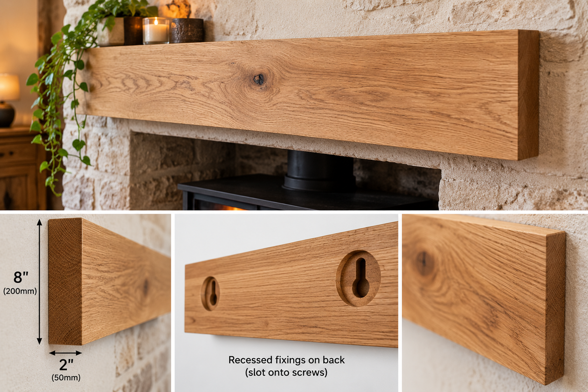 Light Weight 2x8 Rustic TImber Mantel for Plasterboard Walls (Fixings included)