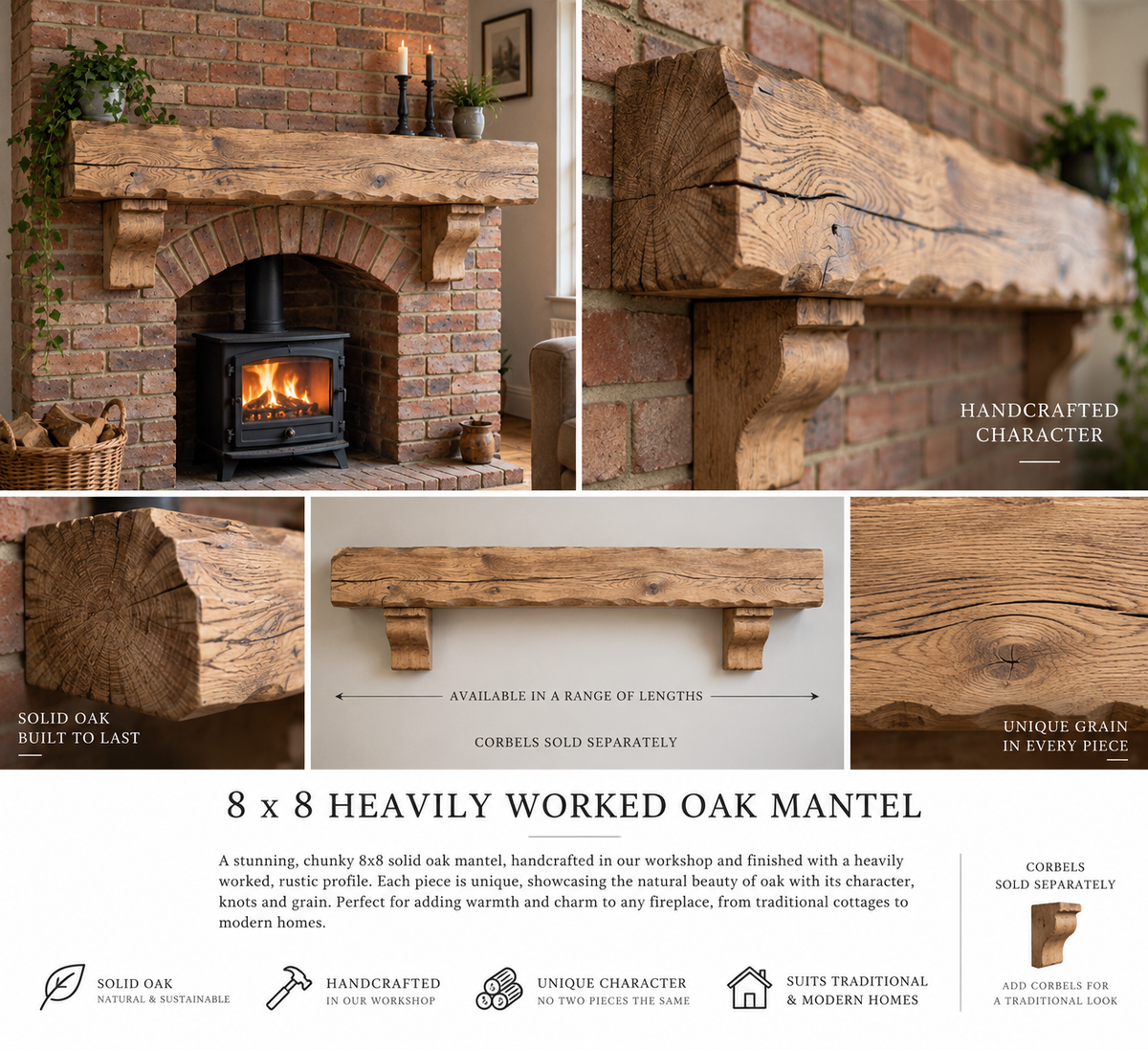 Oak Mantel Beam 8 x 8 (20cm(H) x 20cm(D) - Heavily Worked- Solid Oak F